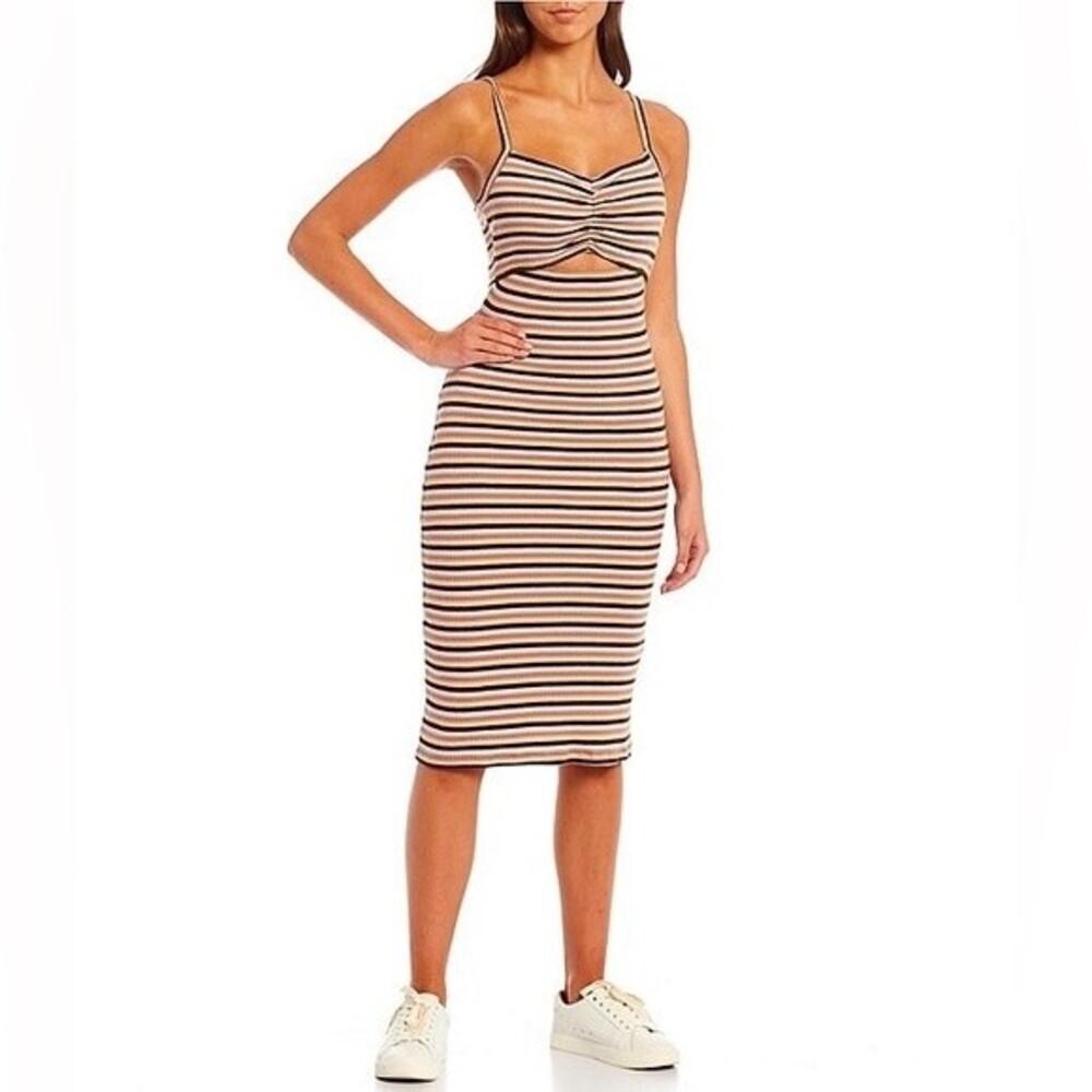 NWT VOLCOM STRIPED STONE CHECKED MIDI DRESS - ESPRESSO. Size Large
